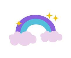 Rainbow with clouds icon, symbol around sparkles in y2k style. Retro illustration element, clip-art isolated on white background vector