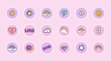 Highlights cover icons collection in y2k style. Set templates emblems for social media. Design stickers, illustration for your business, scrapbooking, bullet journalling, story buttons vector