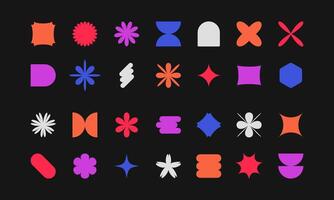 Set of brutalist abstract geometric shapes, elements, figures. Modern stars, flowers, simple forms design on dark background vector