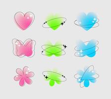 Set of blurred gradient abstract shapes, butterfly, flower, heart in y2k style with sparkles. Template graphic clip art , aesthetic design elements vector