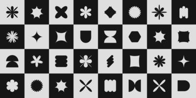 Abstract geometry mosaic with shapes, elements, figures. Modern brutalism design cover of stars, flowers, simple forms on chessboard background vector