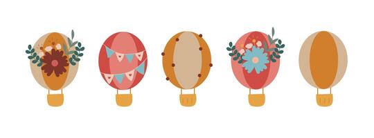 Set of hot air ballons in boho style. Five cartoon ballons clip art illustration, scandinavian design for card, poster, print, decorative vector