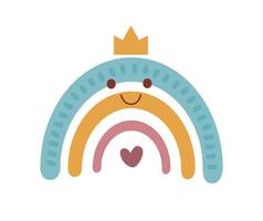 Smiling rainbow clipart, design element in boho style isolated on white background. Hand drawn cartoon illustration for kids posters, wrapping, textile, wallpaper, prints, fabric vector