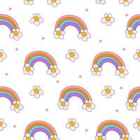 Seamless retro pattern in y2k style on white background. Hand drawn flower rainbows. Illustration for textile, paper, fabric, background, print design vector
