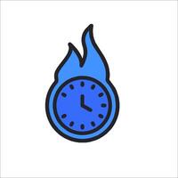 A clock with a flame on it in a blue and black outline vector