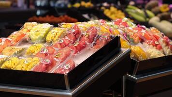A close-up of exotic fruits displayed on supermarket shelves, showcasing vibrant colors and unique textures. This scene highlights the appeal of healthy, adventurous eating and culinary exploration video