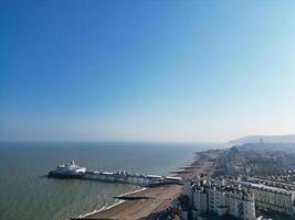High Angle View of Most Beautiful British Tourist Attraction Sea Front and Ocean of Eastbourne Ocean City of England UK. Aerial Footage Was Captured with Drone's Camera on May 11th, 2024 photo