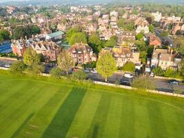 High Angle View of Historical Central Eastbourne Buildings and City of England, United Kingdom. Aerial Footage Was Captured with Drone's Camera During Windy Day on May 11th, 2024 photo