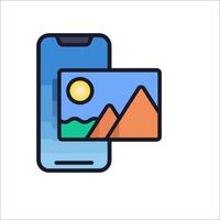 A smartphone with a photo on it and a mountain in the background vector