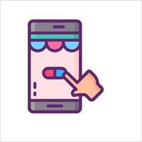 A hand pointing to a smartphone with a pill on it vector