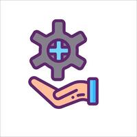 A hand holding a gear and a cross vector