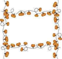 Hand drawn halloween rectangle frame with pumpkins. Jack lantern with lightening on the thread with loops. Hand drawn Halloween flame with ghosts on clothespins. Tag, banner, message, place for text vector