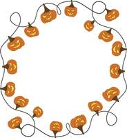 Hand drawn halloween frame with pumpkins. Jack lantern with lightening on the thread with loops. Hand drawn Halloween flame with ghosts on clothespins. Tag, banner, message, place for text, party vector