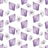 Seamless pattern with lilac hand drawn crystals and flowers with bow isolated on white. vector