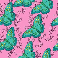 Seamless pattern of bright blue butterflies and gentle contour doodle twigs on a pink background vector