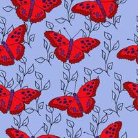 Seamless pattern of bright red butterflies and gentle contour doodle twigs on a blue background vector