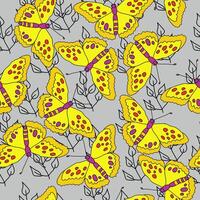 Seamless pattern of bright yellow butterflies and gentle contour doodle twigs on a gray background vector