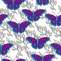 Seamless pattern of bright purple butterflies and gentle contour doodle twigs on a white background vector
