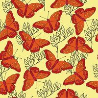 Seamless pattern of bright orange butterflies and gentle contour doodle twigs on a yellow background vector