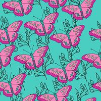 Seamless pattern of bright pink butterflies and gentle contour doodle twigs on a blue background vector