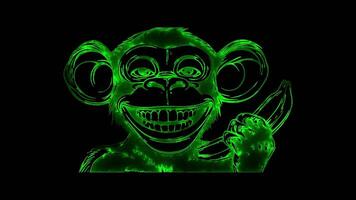 Neon frame effect, Monkey A silly monkey with big ears and a wide smile, holding a banana on black background video