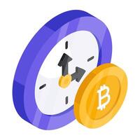 Bitcoin with clock, icon of time is money vector