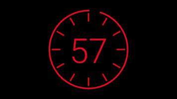 60 seconds countdown timer clock animation with red numbers on black background, suitable for time management, scheduling, deadline concept video