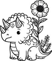 A cute dinosaur with flowers coloring page vector