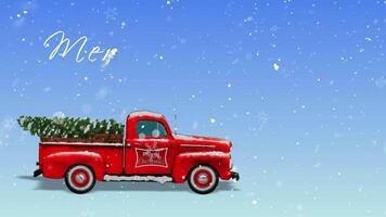 Vintage Red Truck Merry Christmas Tree and Snow 4K Loop features a vintage red truck covered in snow with a Christmas tree in back and animated Merry Christmas in a loop. video