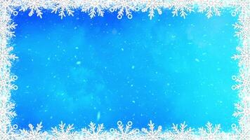 Snowflake Rotation Frame Snow on Blue 4K Loop features a blue sky with moving clouds and rotating snowflakes around the edge to make a frame in a loop. video