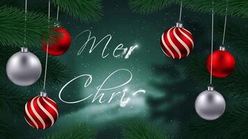 Red Ornaments Swinging Pine Branches Merry Christmas 4K Loop features red tree ornaments swinging in green pine branches with snow and an animated Merry Christmas in a loop. video