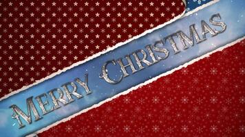 Gift Wrap Open Merry Christmas Background 4K Loop features Christmas wrapping paper being torn in a loop with a silver Merry Christmas and moving clouds behind with snow falling in a loop. video