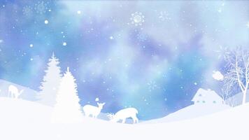 Winter Landscape with Watercolor Sky 4K loop features a landscape with white silhouettes against an animated watercolor sky with animals and snow falling in a loop video