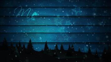 Merry Christmas Scene on Barn Wood Siding 4K Loop features a pine forest silhouette with stars and snow falling against an old fashioned barn wood background with a Merry Christmas message in a loop. video