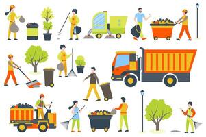 Street cleaning mega set elements in flat graphic design. Collection objects of people collecting garbage, sweeping trash, using trucks and different machines, waste containers. illustration. vector