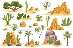 Desert stones and plants mega set elements in flat graphic design. Collection objects of different trees, cactus, palms and rock mountains for wildlife African landscape scenes. illustration. vector