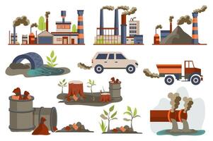 Environmental pollution mega set elements in flat graphic design. Collection objects of toxic industry emission, factory with pipe, smog and dirty emission, garbage and trash. illustration. vector