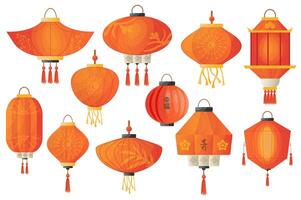 Cartoon chinese lanterns mega set elements in flat graphic design. Collection objects of different shapes hanging red lanterns, tradition festival paper lamps with ornaments. illustration. vector