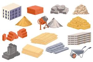 Building materials mega set elements in flat graphic design. Collection objects of house construction, blocks, stones pile, sand, concrete mixer, wooden boards, slabs, others. illustration. vector