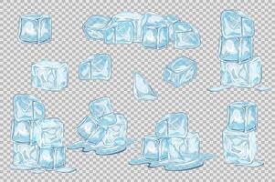 Blue ice cubes mega set elements in flat graphic design. Collection objects of transparent cooling icy crystals, square frozen water blocks for refreshment cocktail beverages. illustration. vector
