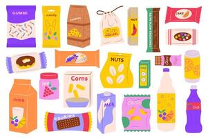 Snacks in packages mega set elements in flat graphic design. Collection objects of sweets, gummy, candies, cookies, pretzels, chips in plastic packs and drinks in can and bottles. illustration. vector