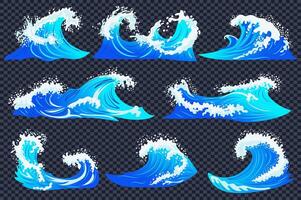 Water waves mega set elements in flat graphic design. Collection objects of blue ocean or sea surge with falling swirls and foams, storm wavy motions with drops, fluid splashes. illustration. vector