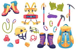 Climbing gear equipment mega set elements in flat graphic design. Collection objects of boots, harness, glove, rope, helmet, hooks, claws, locks, belts, other alpinism tools. illustration. vector
