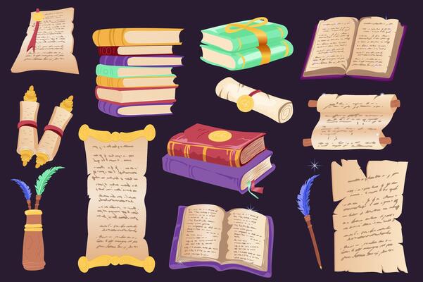 Old magic books mega set elements in flat graphic design. Collection objects of medieval scrolls, ancient magician books, witchcraft parchments and manuscripts, sorcerer library. illustration.