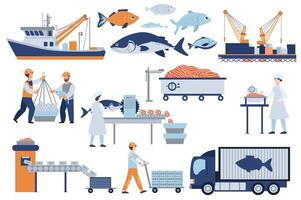 Fish industry mega set elements in flat graphic design. Collection objects of ship, catching trawler, fisherman with net, cut line conveyor, canned tuna production machine, other. illustration. vector
