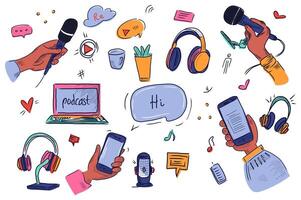 Podcast mega set elements in flat graphic design. Collection objects of different microphones in hands, speech bubbles, headphones, play buttons, listening app, laptop, other. illustration. vector