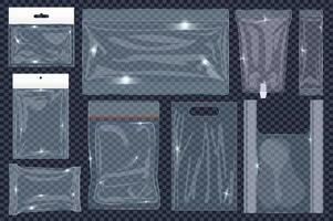 Transparent blank food packs mega set elements in flat graphic design. Collection objects of different shape empty plastic package with zip lock, waterproof polythene packaging. illustration. vector