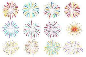 Flashes of celebratory salutes mega set elements in flat graphic design. Collection objects of colorful exploding festival fireworks, firecracker pyrotechnics at festive sky show. illustration. vector