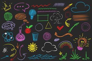 Scribble hand drawn mega set elements in flat graphic design. Collection objects of doodle speech bubble, wavy line, lightbulb, tree, shapes, brain, test tube, atom, apple, other. illustration. vector