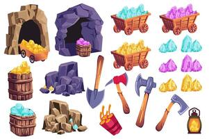 Cartoon mining tools mega set elements in flat graphic design. Collection objects of rocky cave, lantern, wheelbarrow with colored crystals, shovel, pickaxe, dynamite, other. illustration. vector